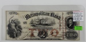 1854 $2 UNITED STATES METROPOLITAN BANK WASHINGTON, D.C. BANK NOTE