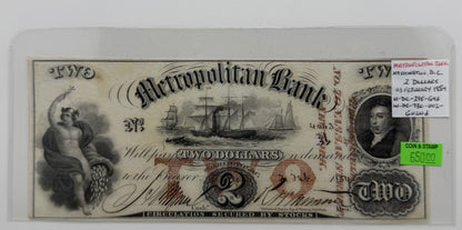 1854 $2 UNITED STATES METROPOLITAN BANK WASHINGTON, D.C. BANK NOTE