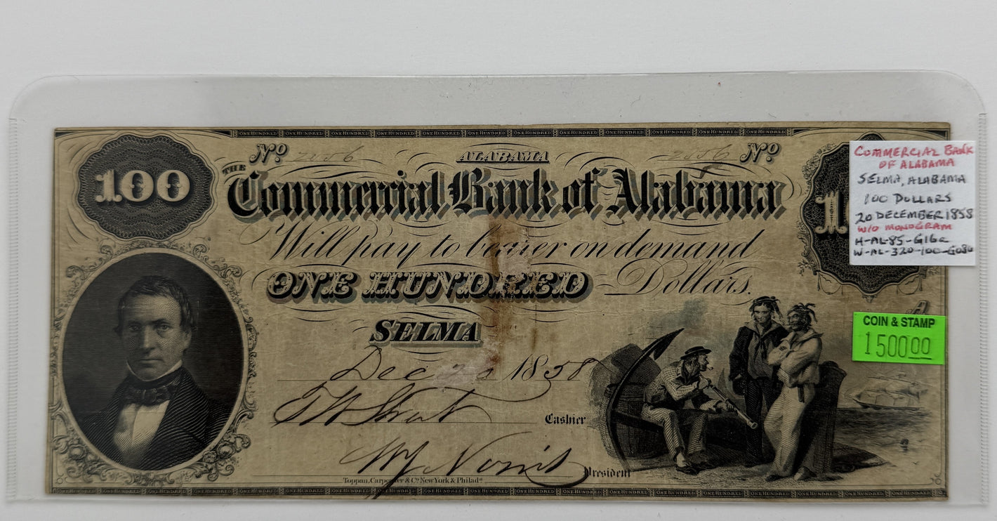 1858 $100 UNITED STATES COMMERCIAL BANK OF ALABAMA; WITHOUT MONOGRAM