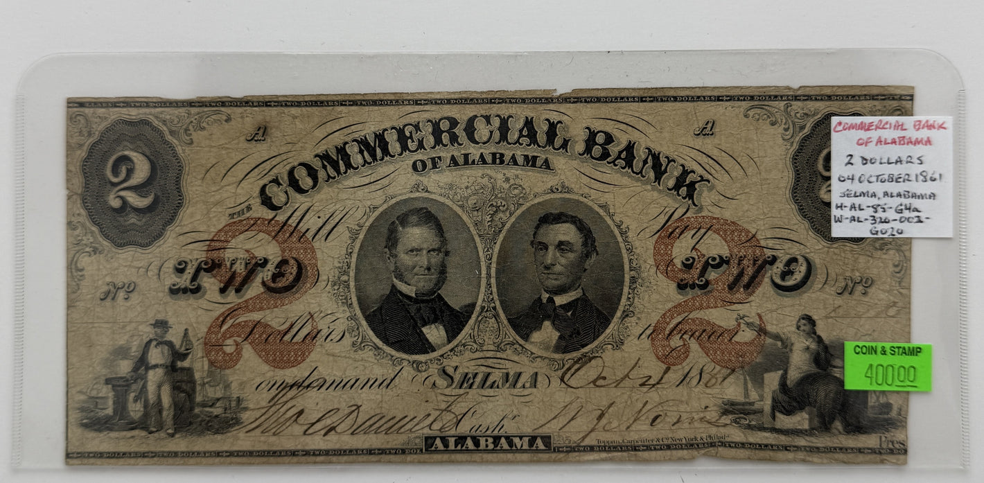 1861 $2 UNITED STATES COMMERCIAL BANK OF ALABAMA, SELMA ALABAMA BANK NOTE