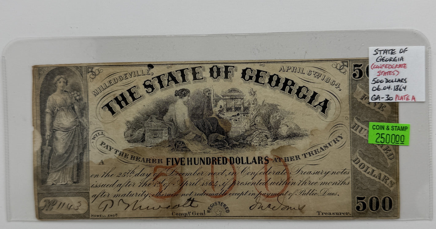 1864 $500 UNITED STATES THE STATE OF GEORGIA (CONFEDERATE STATE) BANK NOTE