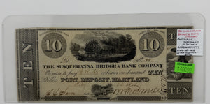 1833 $10 UNITED STATES THE SUSQUEHANNA BRIDGE & BANK COMPANY, PORT DEPOSIT MARYLAND BANK NOTE
