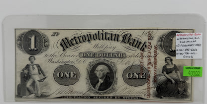 1854 $1 UNITED STATES METROPOLITAN BANK, WASHINTON, D.C BANK NOTE