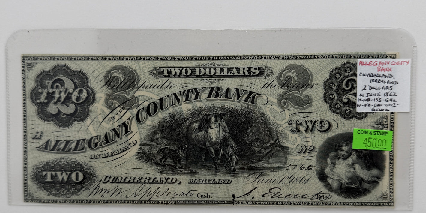 1862 $2 UNITED STATES ALLEGANY COUNTY BANK, CUMBERLAND MARYLAND BANK NOTE