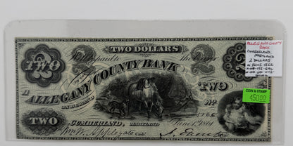 1862 $2 UNITED STATES ALLEGANY COUNTY BANK, CUMBERLAND MARYLAND BANK NOTE
