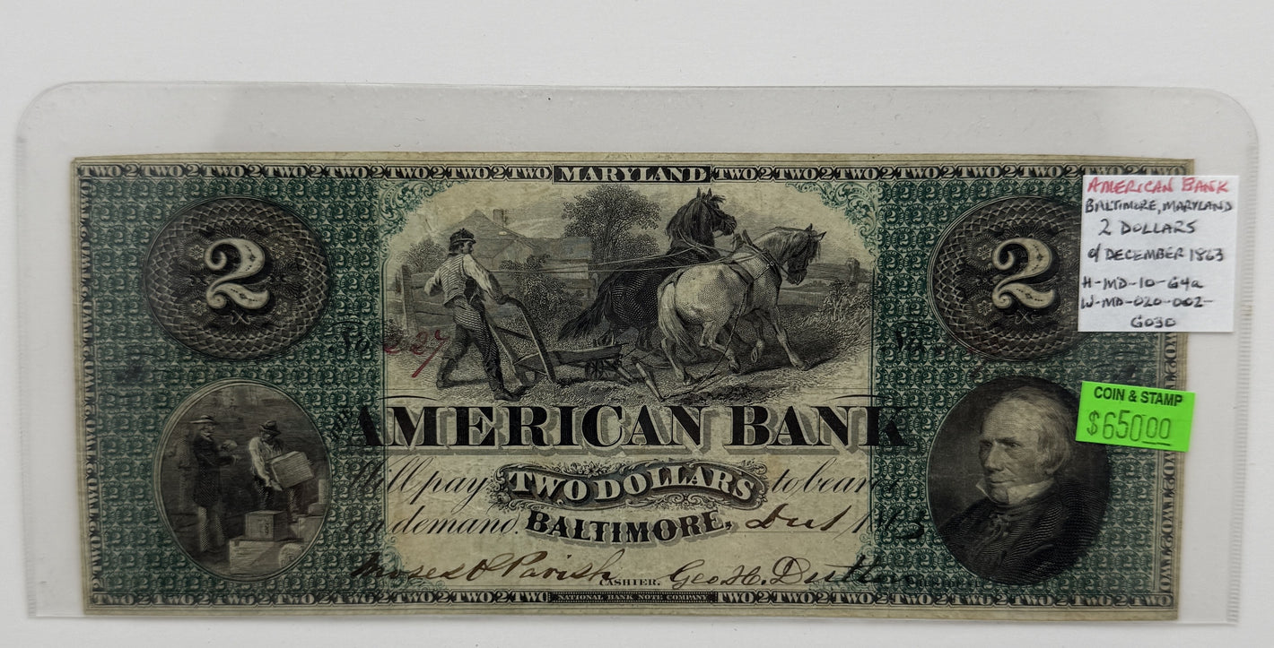 1863 $2 UNITED STATES AMERICAN BANK, BALTIMORE, MARYLAND BANK NOTE