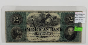 1863 $2 UNITED STATES AMERICAN BANK, BALTIMORE, MARYLAND BANK NOTE