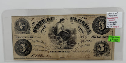 1861 $5 UNITED STATES, STATE OF FLORIDA, CONFEDERATE STATES FL-4 PLATE D BANK NOTE