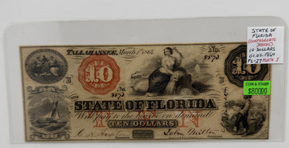 1864 $10 UNITED STATES, STATE OF FLORIDA, CONFEDERATE STATES FL-27 PLATE:J BANK NOTE