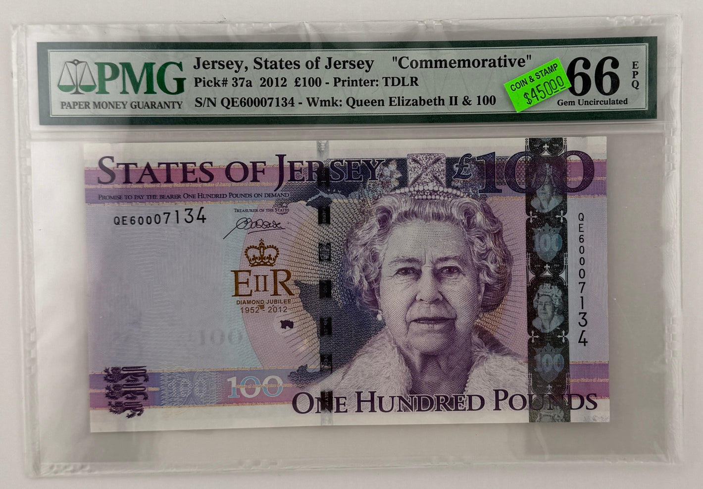 2012 £100 STATES OF JERSEY "COMMEMORATIVE", PICK#37a; GRADED BANK NOTE