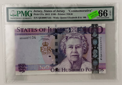 2012 £100 STATES OF JERSEY "COMMEMORATIVE", PICK#37a; GRADED BANK NOTE