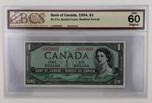 1954 $1 BANK OF CANADA; BC-37a, BEATTIE-COYNE, MODIFIED PORTRAIT