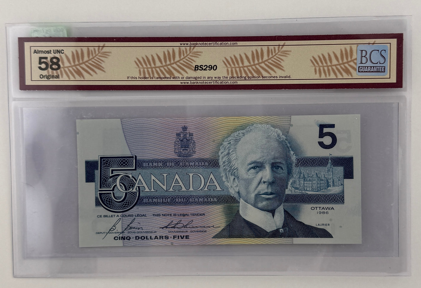 1986 $5 BANK OF CANADA, BC-56cA, BONIN-THIESSEN, REPLACEMENT