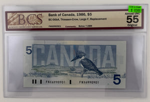 1986 $5 BANK OF CANADA; BC-56bA, THIESSEN-CROW, LARGE F, REPLACEMENT NOTE