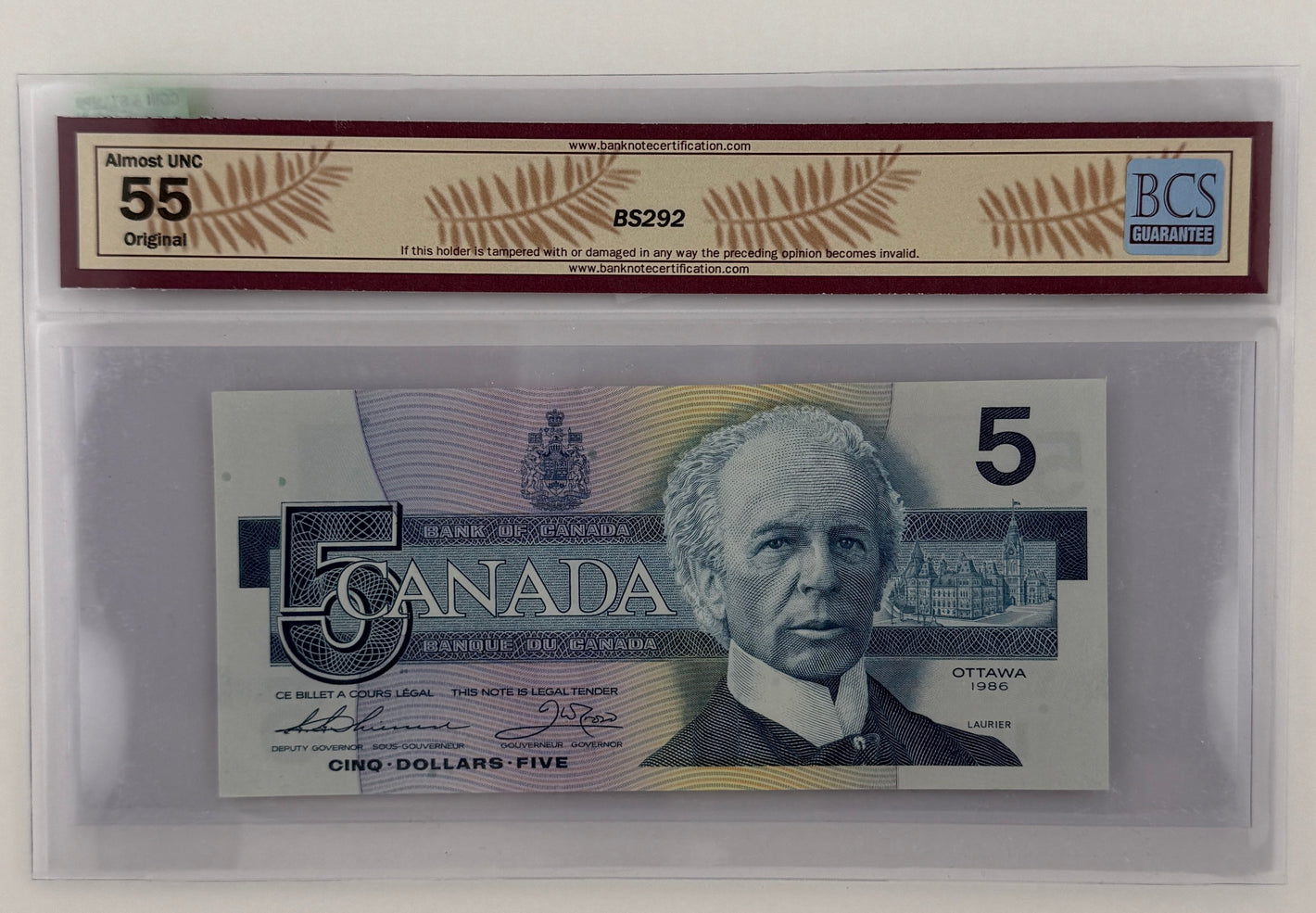 1986 $5 BANK OF CANADA; BC-56bA, THIESSEN-CROW, LARGE F, REPLACEMENT NOTE