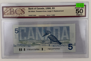 1986 $5 BANK OF CANADA, BC-56bA, THIESSEN-CROW, LARGE F, REPLACEMENT NOTE