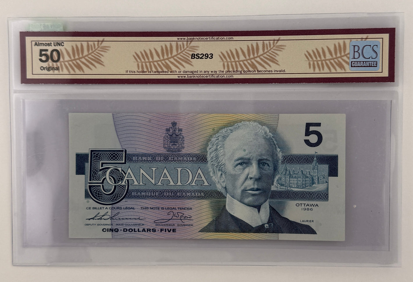 1986 $5 BANK OF CANADA, BC-56bA, THIESSEN-CROW, LARGE F, REPLACEMENT NOTE