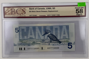 1986 $5 BANK OF CANADA, BC-56cA, BONIN-THIESSEN, REPLACEMENT NOTE