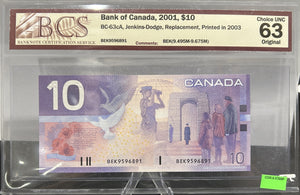 2001 $10 BANK OF CANADA, BC-63cA, JENKINS-DODGE, REPLACEMENT NOTE