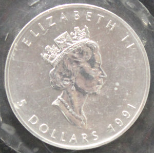 E-TRANSFER ONLY - 1oz. 1991 CANADIAN SILVER MAPLE LEAF COIN