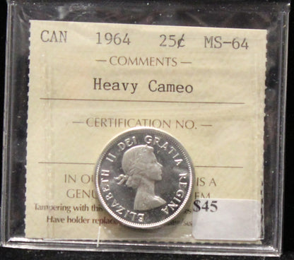 1964 CANADIAN 25-CENT ICCS MS-64 (HEAVY CAMEO)