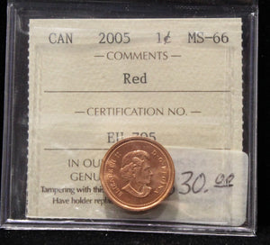 2005 CANADIAN ONE CENT ICCS MS-66 (RED)