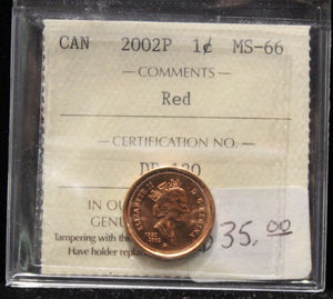 2002P CANADIAN ONE CENT ICCS MS - 67 (RED)