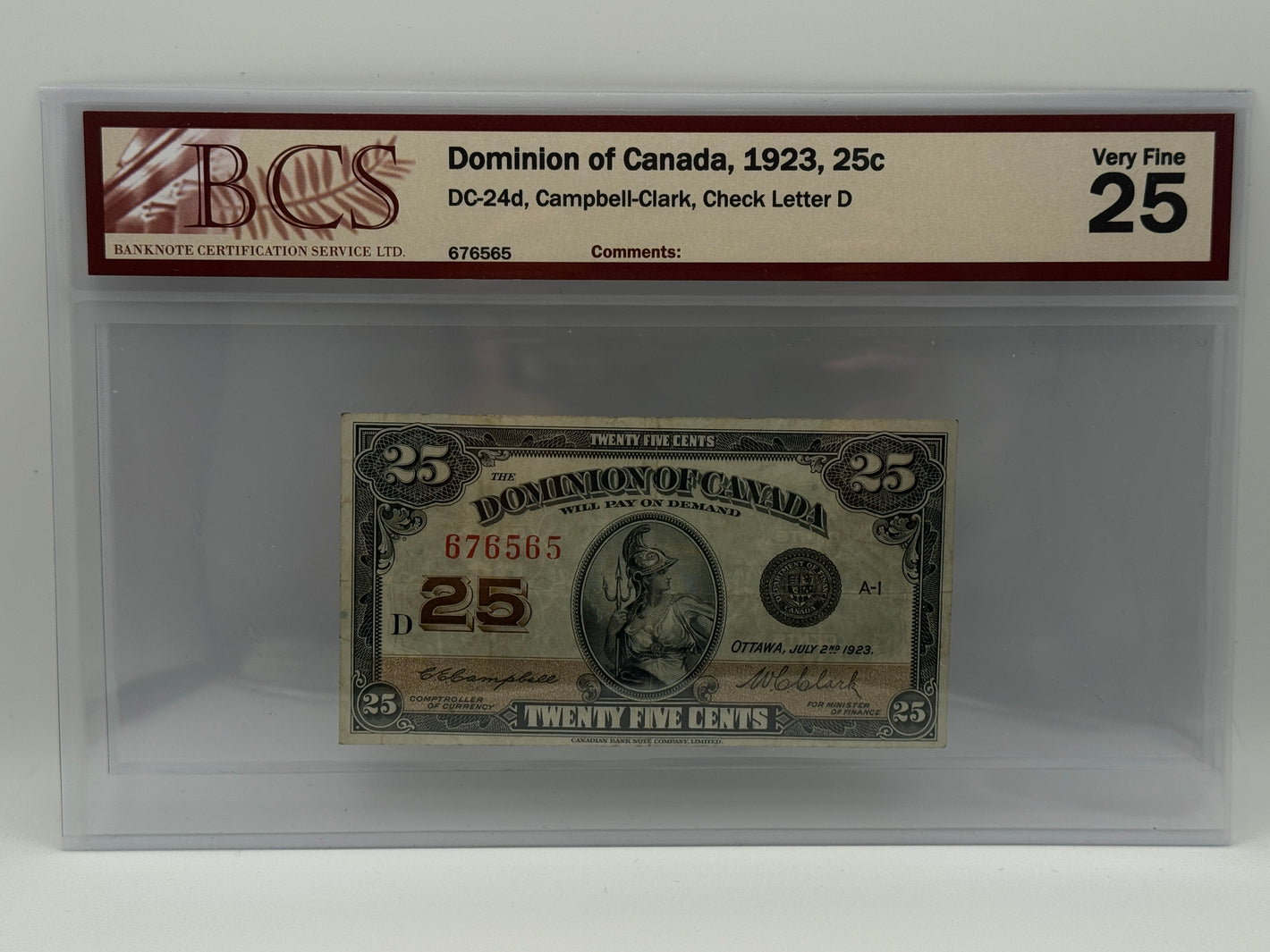 [AUCTION ONLY] 1923 25 CENTS DOMINION OF CANADA: DC-23d, CAMPBELL-CLARK, CHECK LETTER D
