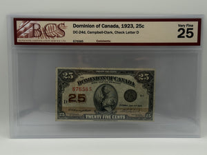 [AUCTION ONLY] 1923 25 CENTS DOMINION OF CANADA: DC-23d, CAMPBELL-CLARK, CHECK LETTER D