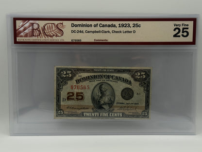 [AUCTION ONLY] 1923 25 CENTS DOMINION OF CANADA: DC-23d, CAMPBELL-CLARK, CHECK LETTER D
