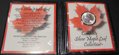 E-TRANSFER ONLY - 1oz. 1990 SILVER MAPLE LEAF - .9999 PURE SILVER - FIRST COMMEMORATIVE MINT FOLDER