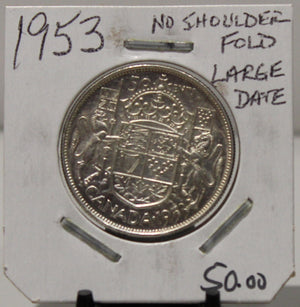 1953 CIRCULATION 50-CENT COIN - NO SHOULDER FOLD - LARGE DATE - UNGRADED - AS PICTURED
