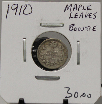 1910 5-CENT SILVER - MAPLE LEAVES/BOWTIE - UNGRADED - AS PICTURED