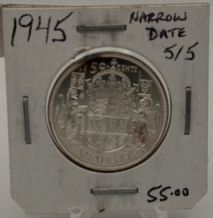 1945 CANADA CIRCULATION 50-CENT COIN (NARROW DATE 5/5)