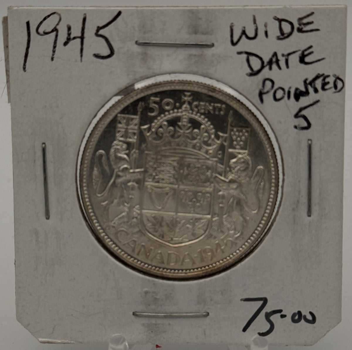 1945 CANADA CIRCULATION 50-CENT COIN (WIDE DATE POINTED 5)