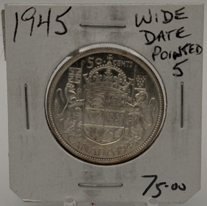 1945 CANADA CIRCULATION 50-CENT COIN (WIDE DATE POINTED 5)