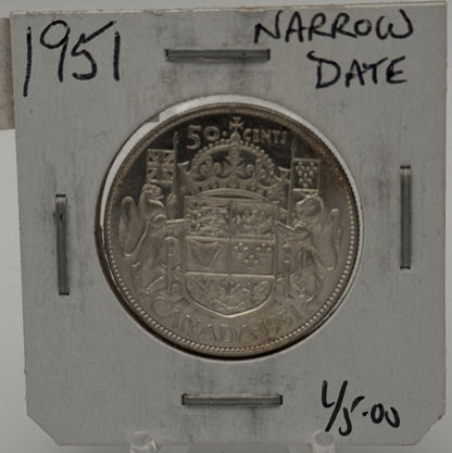 1951 CANADA CIRCULATION 50-CENT COIN (NARROW DATE)