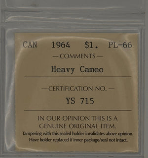 1964 CANADA CIRCULATION SILVER DOLLAR; HEAVY CAMEO - PL-66 - AS PICTURED