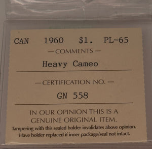 1960 CANADA CIRCULATION SILVER DOLLAR; HEAVY CAMEO - PL-65 - AS PICTURED