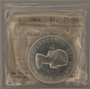 1964 CANADA CIRCULATION SILVER DOLLAR; MISSING DOT - PL-64 - AS PICTURED