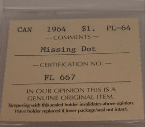 1964 CANADA CIRCULATION SILVER DOLLAR; MISSING DOT - PL-64 - AS PICTURED