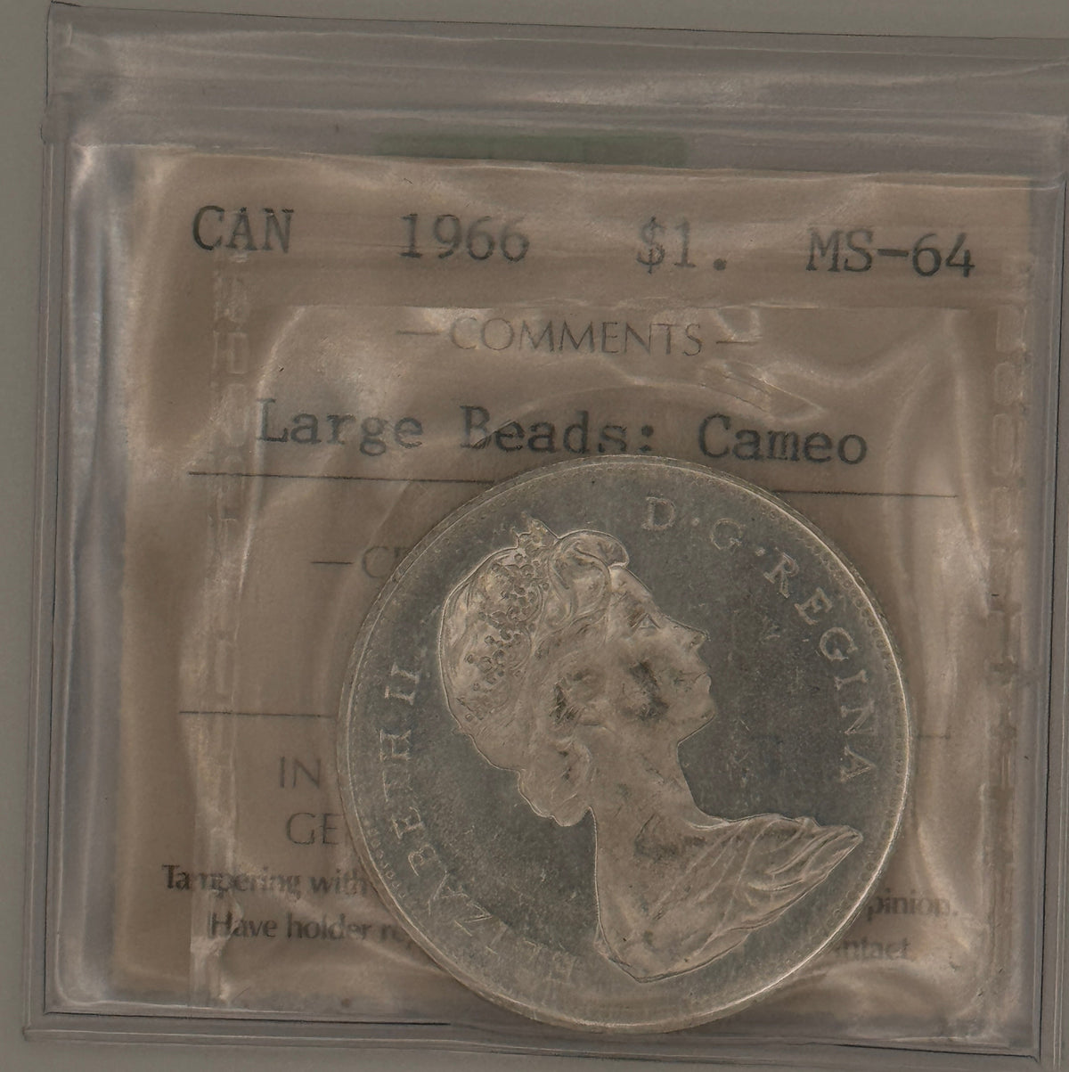 1966 CANADA CIRCULATION SILVER DOLLAR - LARGE BEADS; CAMEO - MS-64 - AS PICTURED