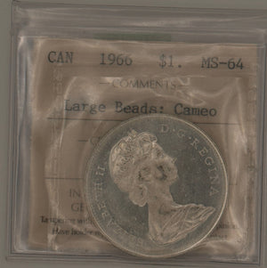 1966 CANADA CIRCULATION SILVER DOLLAR - LARGE BEADS; CAMEO - MS-64 - AS PICTURED