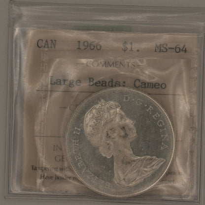 1966 CANADA CIRCULATION SILVER DOLLAR - LARGE BEADS; CAMEO - MS-64 - AS PICTURED