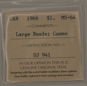 1966 CANADA CIRCULATION SILVER DOLLAR - LARGE BEADS; CAMEO - MS-64 - AS PICTURED