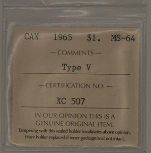 1965 CANADA CIRCULATION SILVER DOLLAR - TYPE V - MS-64 - AS PICTURED (Copy)