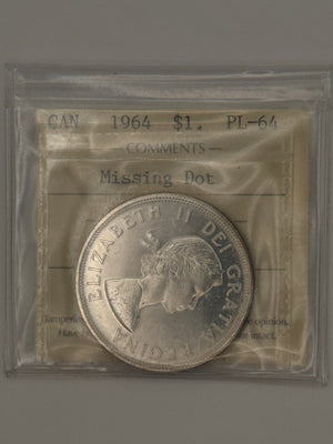 1964 CANADA CIRCULATION SILVER DOLLAR; MISSING DOT - PL-64 - AS PICTURED