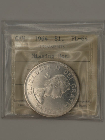 1964 CANADA CIRCULATION SILVER DOLLAR; MISSING DOT - PL-64 - AS PICTURED