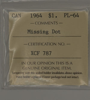 1964 CANADA CIRCULATION SILVER DOLLAR; MISSING DOT - PL-64 - AS PICTURED