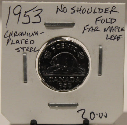 1953 CANADIAN FIVE-CENT - NO SHOULDER FOLD - FAR MAPLE LEAF - UNGRADED - AS PICTURED